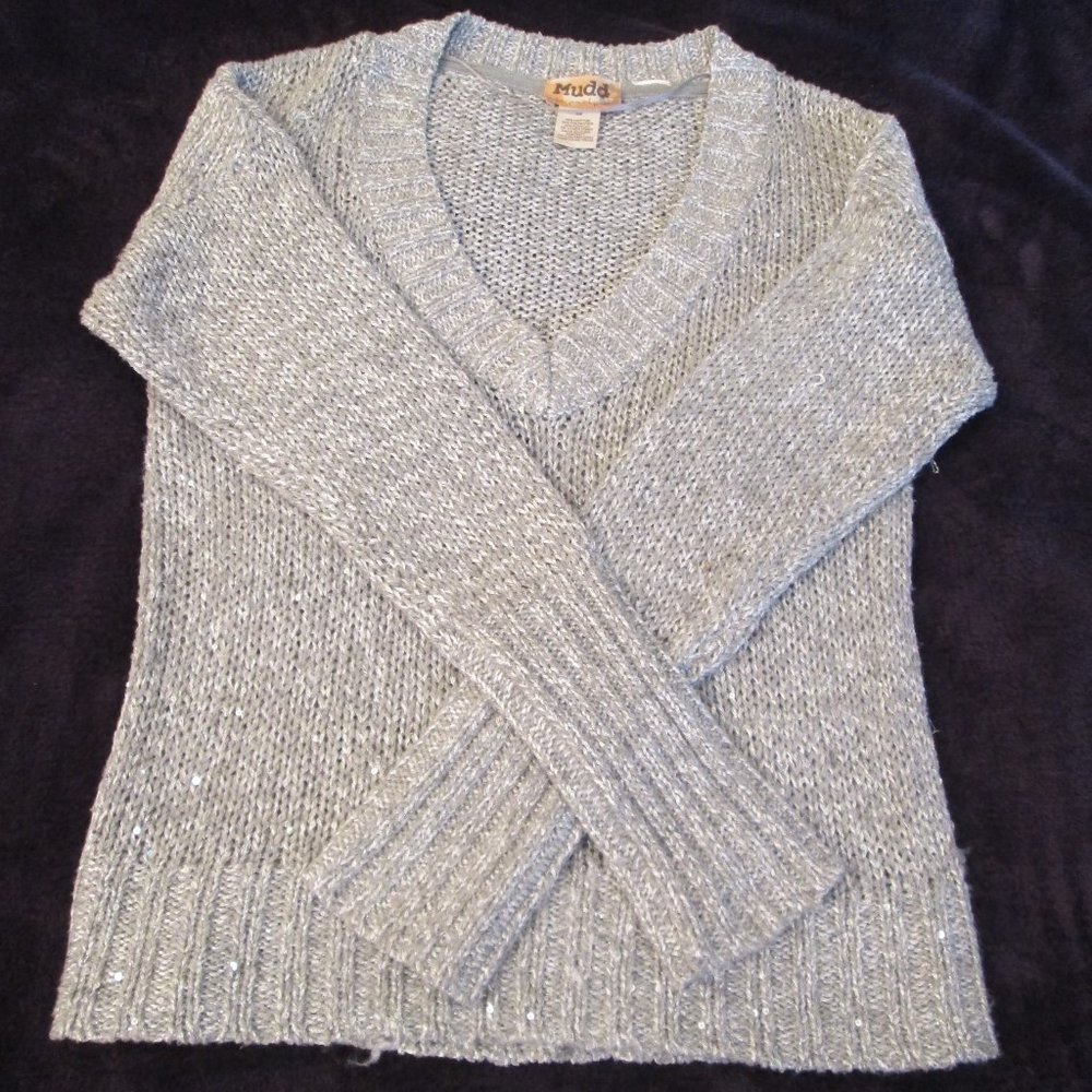 Mudd Junior V Neck Embellished Sparkle Sweater Gray Silver Size M